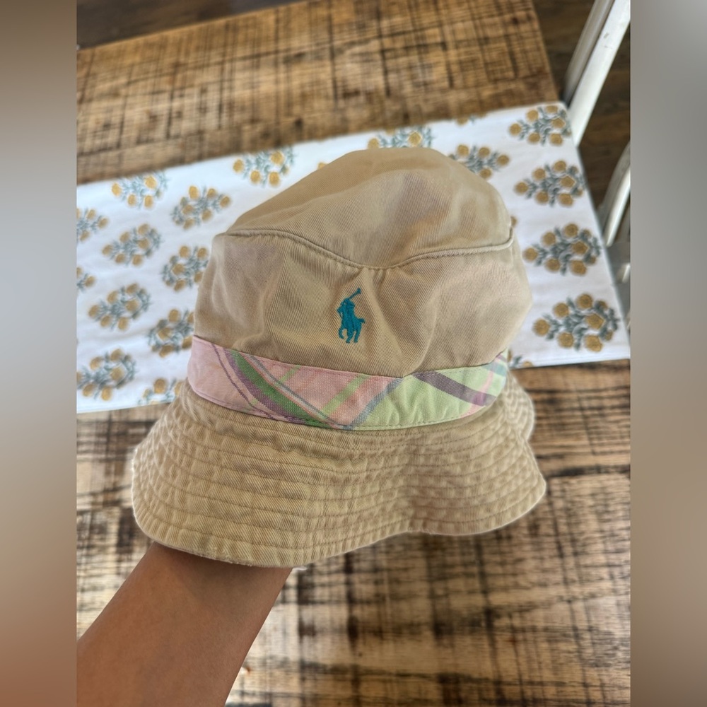 Polo by Ralph Lauren Tan Bucket Hat with Pastel Plaid Band and Teal Logo small - Picture 5 of 5